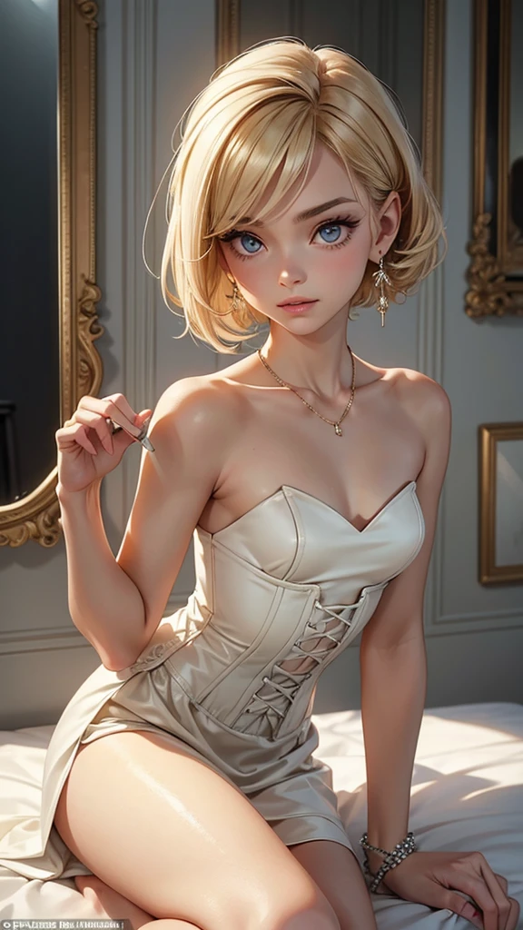 Pose: (masterpiece), (best quality), (detailed), light layer, 1solo girl, young girl, perfect body defined chest, defined collarbone seated, with both arms gracefully stretched overhead, fingers slightly splayed or interlaced. Her body should be slightly arched, emphasizing the length and elegance of the stretch.
Expression: Calm and introspective, with a soft smile or a thoughtful gaze that conveys a sense of reflection and self-awareness.
Attire: Elegant and refined outfit such as a Corset Flared Crisscross Strap Dress, Punk Sleeveless Dress that complements the serene mood.
Hair: Styled neatly, blonde straight hair, enhancing the reflection.
Makeup: Subtle yet refined, with a focus on eyes and lips to create a balanced and elegant look in both the reflection and the main image.
Background: A softly lit room with an elegant mirror, such as a bedroom vanity, a grand hallway, or a minimalist bathroom that adds sophistication to the scene.
Lighting: Soft, diffused lighting that illuminates both her face and the reflection, creating a gentle glow and emphasizing the duality of the image.
Accessories: Delicate and minimal, such as a simple necklace, a pair of earrings, or a stylish watch, adding a touch of elegance without overpowering the scene.
Props: Optional, such as a small perfume bottle, a brush, or a piece of jewelry placed on the vanity, enhancing the reflective atmosphere.
Mood: Reflective, serene, and elegant.