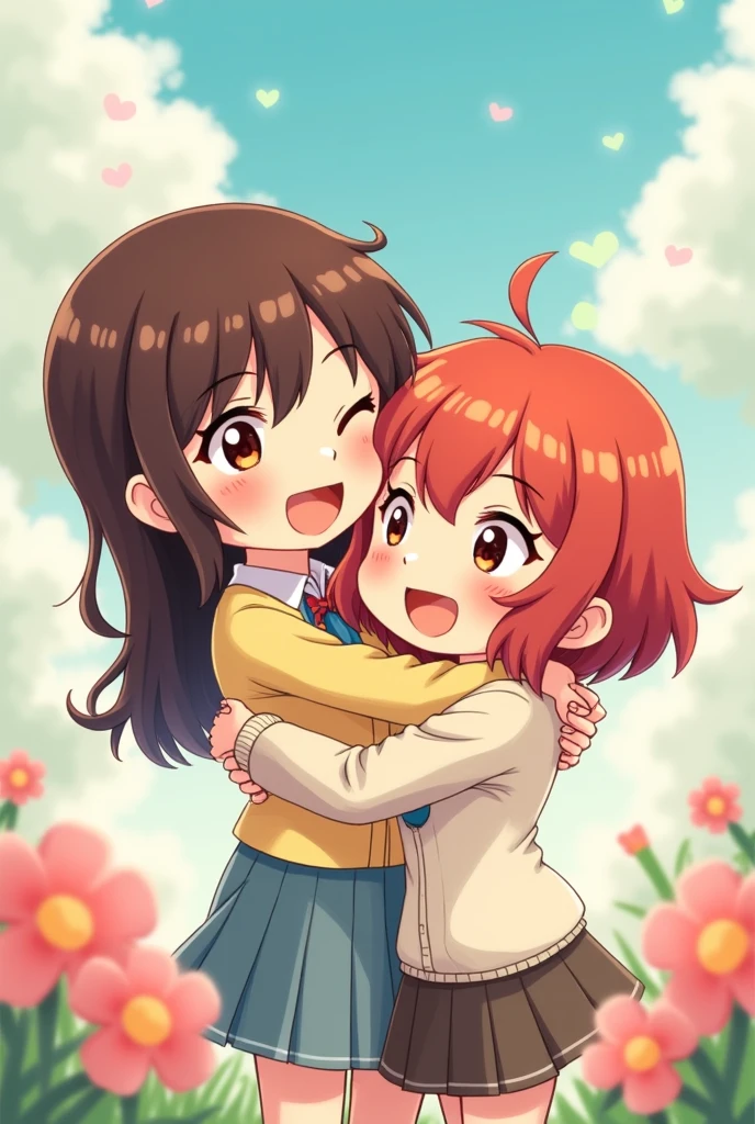 brunette women with mullet, dimples and Brown eyes huging a redhead with shorts hair and Brown eyes skinny women chibi style