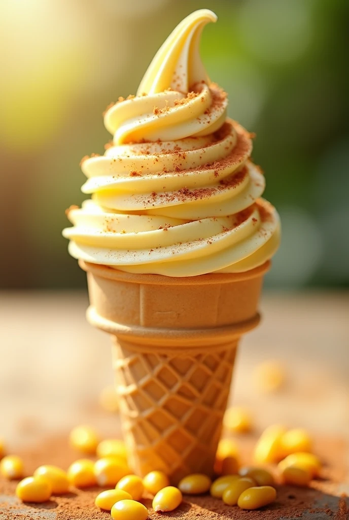 A pale yellow ice cream cone, with cinnamon sprinkles on top and some corn kernels around it.