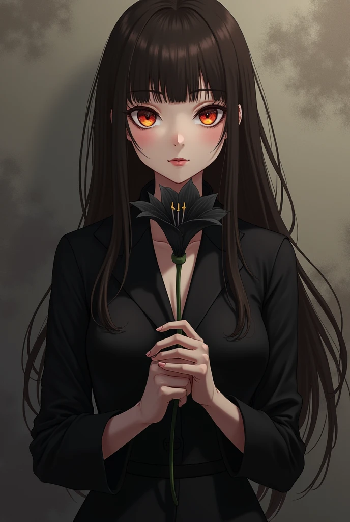 anime style,young adult woman, with the right eye red and the left eye yellow, narrow eyes, long hair and straight dark brown bangs, black elegant clothes.
She has an elegant pose and is holding a black lily flower..
Whole body.