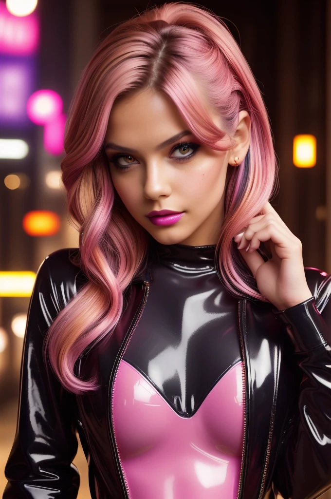portrait of a beautiful young woman, walking on a road towards the viewer, (cyberpunk clothes) (ErinNobodySD15), Large breasts, pressed lips (seriously: 1.2) appearance (bright side light rim light: 1.2) deep dark shadows dramatic camera angle high-contrast color gradation (masterpiece: 1.2) (photorealistic: 1.2) (bokeh:1.2) (best quality) (detailed skin:1.3) (complex details) (8k) (HDR) (cinematic lighting) (sharp focus), large multicolored hair loose and wavy, neon lights in the background, pink latex clothing, light brown eye color,