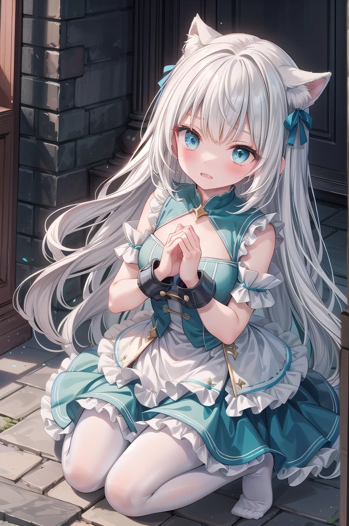 A princess, 16-year-old, Grey white hair, long hair, Mid-chest, highest quality, High resolution, Very detailed, Detailed Background, Princess Dress, Perfect lighting、finery、very cute, ruffle, Blue green eyes, Blush, White pantyhose, No shoes on, Bound up, Kneeling on the ground, scared expression, clenched teeth, Bind hands and feet