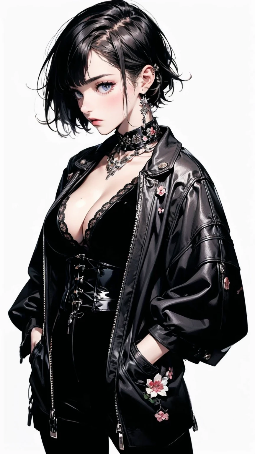 woman with hands in pockets, Asymmetrical Short Hair, Big Breasts, Exposed cleavage, Goth Fashion, Leather corset that fits perfectly to the skin, Leather micro mini shorts, Silhouette of flowers on a white background, Anime Style, Digital Painting, (masterpiece), (Highest quality), (Very detailed),