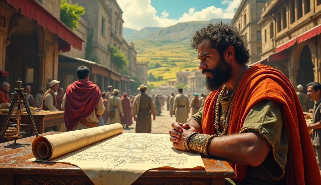 Create an image that symbolizes financial planning with a biblical twist. Show an unrolled ancient scroll with a detailed strategic plan, while Solomon, in a vibrant market scenario, observe carefully. Ao fundo, an illustrative mural divides the scene into two parts: one shows prosperity and growth, with green fields and robust buildings, representing the result of diligent planning; the other shows a barren and deteriorated landscape, representing the consequences of haste and lack of planning. Add elements like an antique compass and calculating tools to reinforce the importance of strategic and careful guidance..