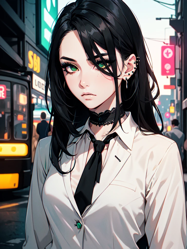 1girl, ((hair over eye)), (tight black lace blazer), black tie, ((long hair)), ((straight hair)), (((black hair))), side swept bangs, white skin, pale, white, (green eye), tired expression, choker, ((dark makeup, mascara, eyeshadow)), mole under eye, multiple piercings, best quality, 8k, cyberpunk city, neon streets, white shirt, erotic
