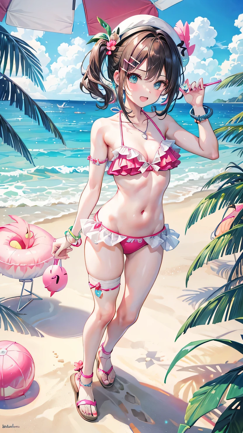 1 girl, :d , beach, summer, bikini, aqua_nails, ball beach, beach_umbrella, beachball, bird, bracelet brown_hair, cloud, cloudy_sky, cocktail_glass, collarbone, cup, drinking_glass, drinking_straw, eyewear_on_head, flamingo, food, fruit, blue_eye, hair_between_eyes, hair_ornament, hairclip, holding, holding_water_gun, inflatable_flamingo, jewelry, knee_pads, lime_(fruit), looking_at_viewer, multicolored_hat nail_polish, navel official_alternate_costume, outdoors, pink_bracelet, pink_nails, pink bikini,  sandals, 