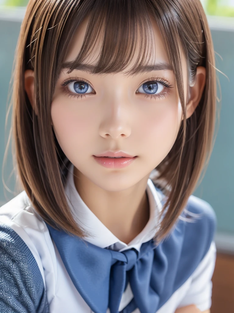 A pretty girl, beautiful detailed eyes, beautiful detailed lips, extremely detailed eyes and face, long eyelashes, elegant, graceful pose, serene expression, soft natural lighting, highly detailed, 8k, photorealistic, cinematic lighting, intricate details, masterpiece,Highres fix,Portrait,(School uniforms:1.5),Bright expression,Younger,brighter, whiter skin,Gloss Face,Cheek gloss,Best Looks,(Platinum silver short hair:1.0),Shiny bright hair,silky hair,charming big clear blue eyes,dorropy eyes,cutei eyes,Very beautiful,lovely girl,cute girl,perfect breasts