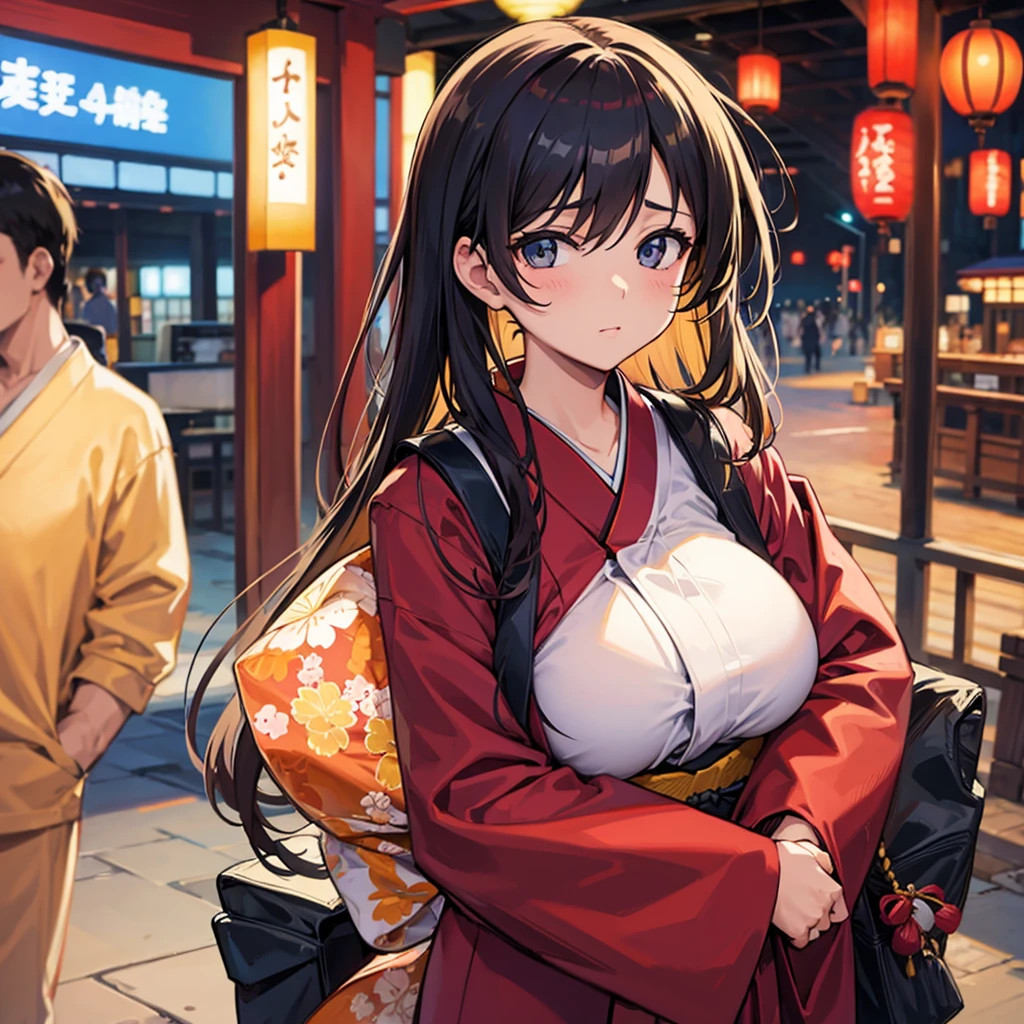 Big breasted woman in kimono Hugging a man Background of Japan tourist attractions