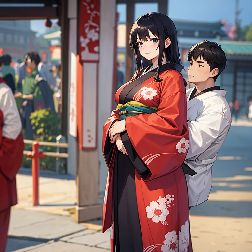 Big breasted woman in kimono Hugging a man Background of Japan tourist attractions
