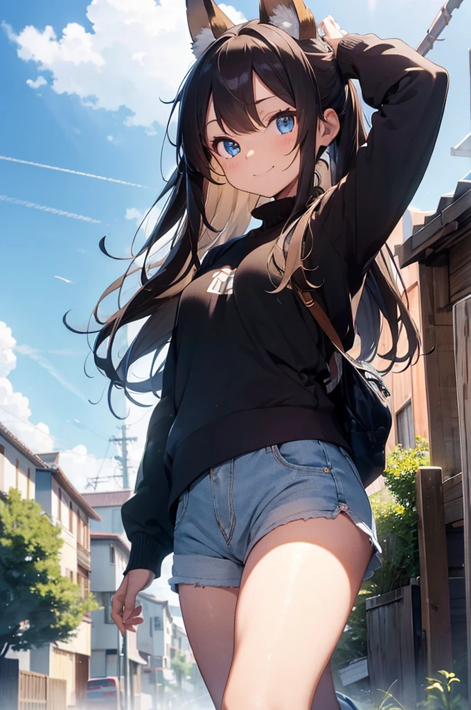 masterpiece, best quality, ultra detailed, insanely detailed, hyper detailed, woman,(fox's tail),smiling, walking, looking at viewer, brown eyes, jitome, detailed face, light brown skin, tall, slender, sweater, shorts, teenager, japanese, outside, on the street, with shooting stars, in the evening, with rain, cel anime, sharpen, blue, ahoge, semi long, blue eyes, green background, medium shot, intense wide shot, glad, with fox ears, mole, blond,