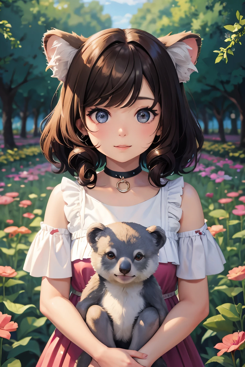 Cute and beautiful anthropomorphic koala girl with brown curly bob hair wearing a heart shaped choker in a beautiful flower field