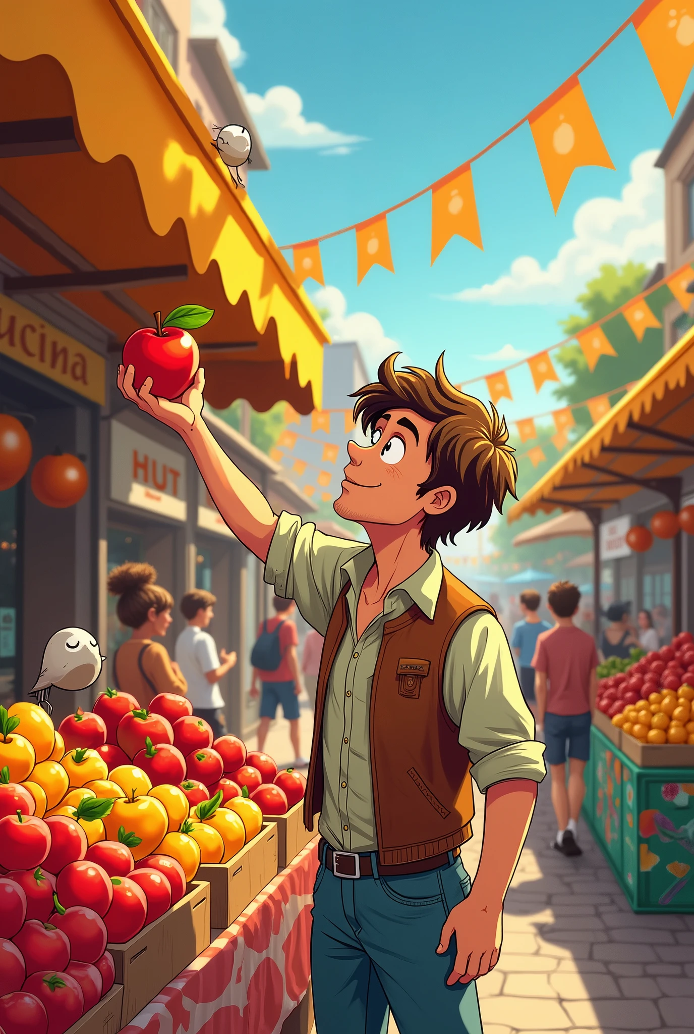 A man looking at a stall and picking up an apple comic
