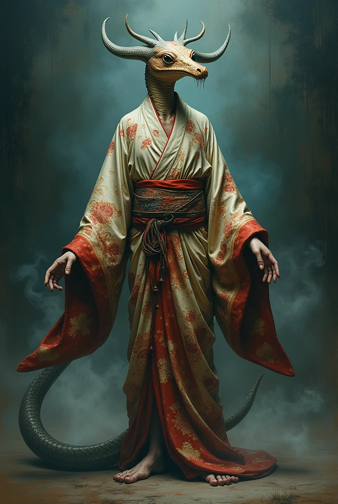 full body display、Japanese Yokai、Half Beast Half Man、Yokai painting、Horror painting、Snake face、Long neck、Body is human、Wearing a kimono、Snake Woman、The hands and feet sticking out from the kimono are flesh-colored、In light shades、anthropomorphic snake、Unrealistic character concept、Detailed full body concept、Highest quality、masterpiece、Live-action、RAW Photos、