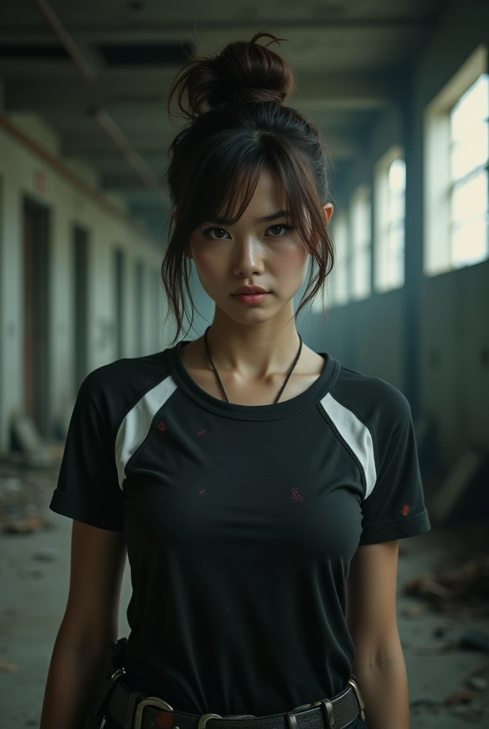 resident evil,woman,Wear a black and white shirt,sexy,Hair tied up with bangs,Korean-American,Brown hair,There are stains.