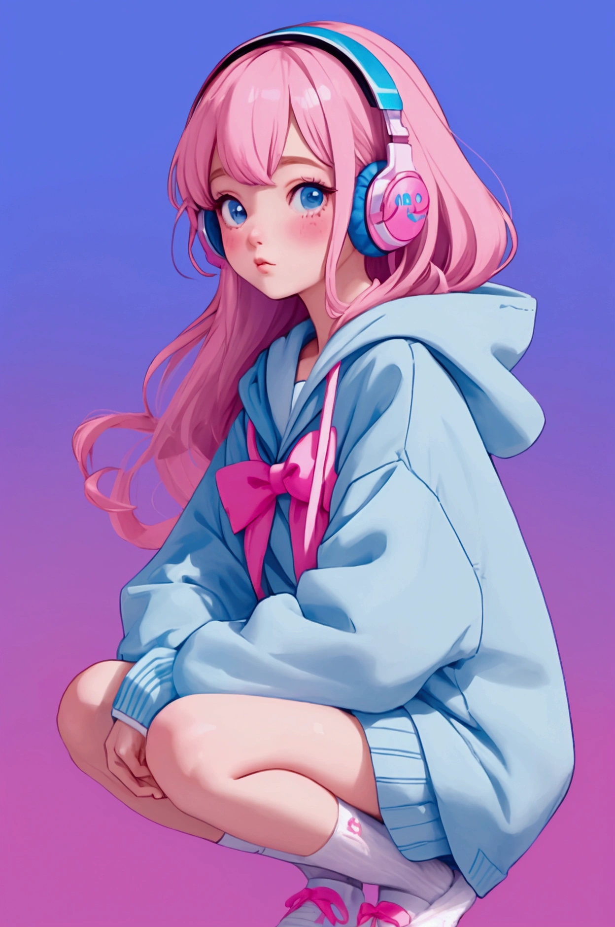 Highest quality、Very detailed、High school girl in sailor suit、Pink and blue gradient hair、Headphones、loose socks、Fancy hoodies、The background is the city of Harajuku