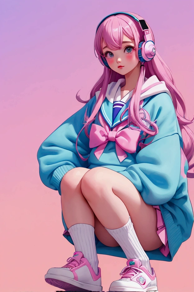 Highest quality、Very detailed、High school girl in sailor suit、Pink and blue gradient hair、Headphones、loose socks、Fancy hoodies、The background is the city of Harajuku