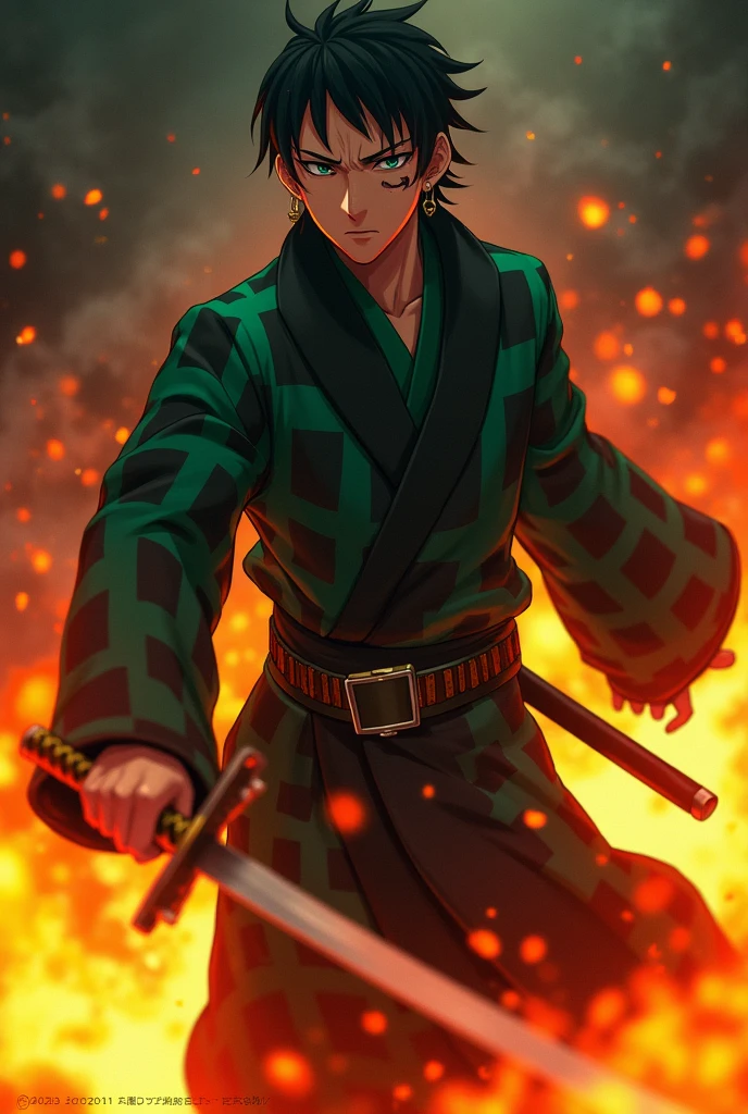 Demon Slayer live-action version。
There is a crack in the double tooth。
Behind him is a flame aura。
Standing with a sword。Entire limbs。
The jacket is a two-tone green and black check pattern.。
Wearing tabi socks.。
Bruise on left forehead。
Rectangular earrings on both ears。
