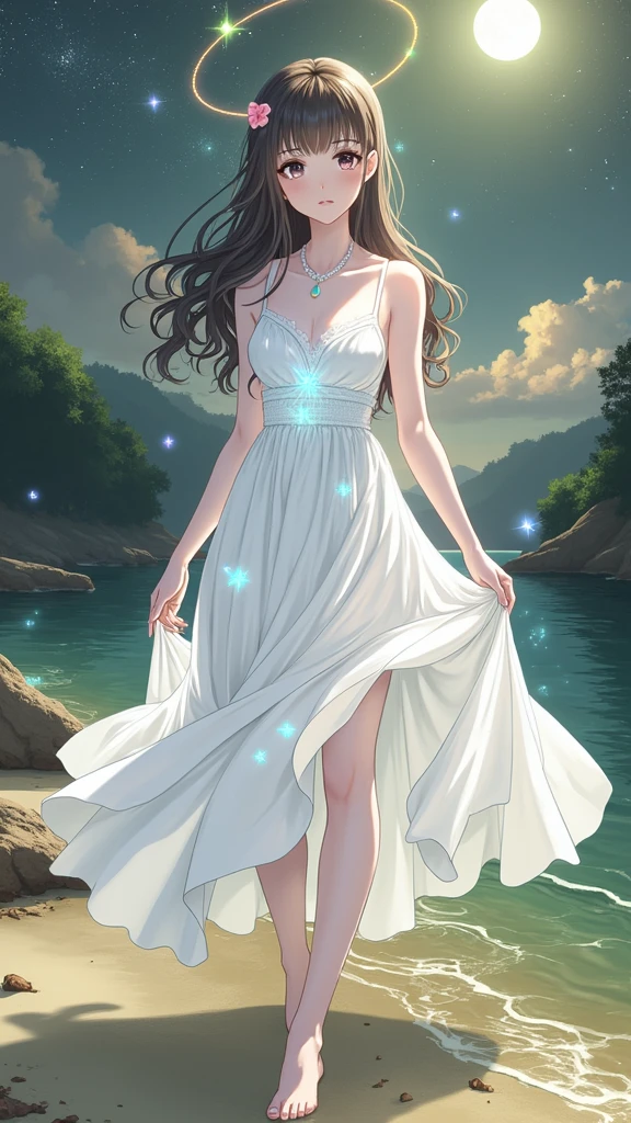 (masterpiece、Highest quality、8k、High resolution)、One female、(Beautiful Face、Beautiful Face)、Beautiful eyes、Beautiful lips、Beautiful nose、Brown-black hair、(The best girl in anime)、Sandy beach with a view of the forest、A bright night with stars visible、full moon、milky way、体whole bodyから神秘的な光の粒子、Colorful light particles、A mysterious light glowing around the head、melt、jewelry、necklace、dress、(whole body)、Highly detailed anime art、A complete portrayal、