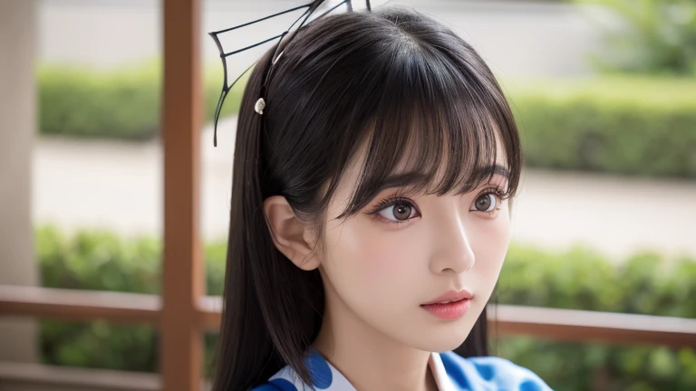 Wearing a light blue yukata、Small face、(((seiza)))、Small breasts、((High resolution))、Superior Quality, Very detailed, Realistic, ((8k)), RAW Photos, Highest quality, masterpiece, charm, wonderful, Sophisticated, One Woman。Age: about 22 years old。Her hairstyle is long black hair.、With bangs、The front hair is parted in 73 parts。Antennae extending to the sides of the ears。 Eyes、I have double eyelids、Makeup makes eyes look droopy。 The upper eyelashes、It's so short.、A little long。 The width of the nostrils is smaller than average. The width of the eyes is about the average for Japanese people.。 151cm 43kg Summer Cool-toned skin Deep pink lips Baby pink cheeks。chin is squeaky。Small earrings in both ears