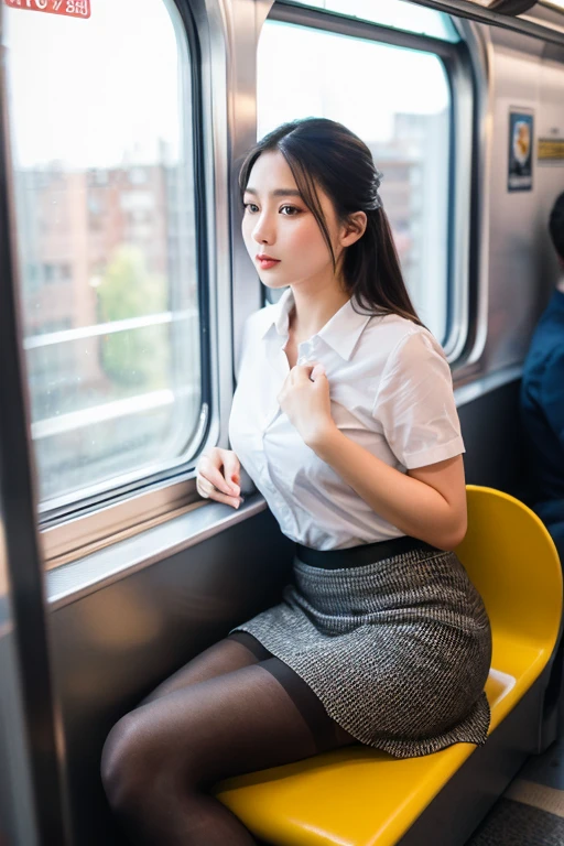 (masterpiece, Highest quality, 8k, RAW Photos, beautifully、beautiful:1.2),  Intricate details, indirect lighting, Realistic,
whole body, Sitting on a chair on the train、Gazing at the audience、Voyeur、lure、mini skirt, (Ultra-realistic pantyhose)、Women&#39;s training , Chair to sit under skirt,