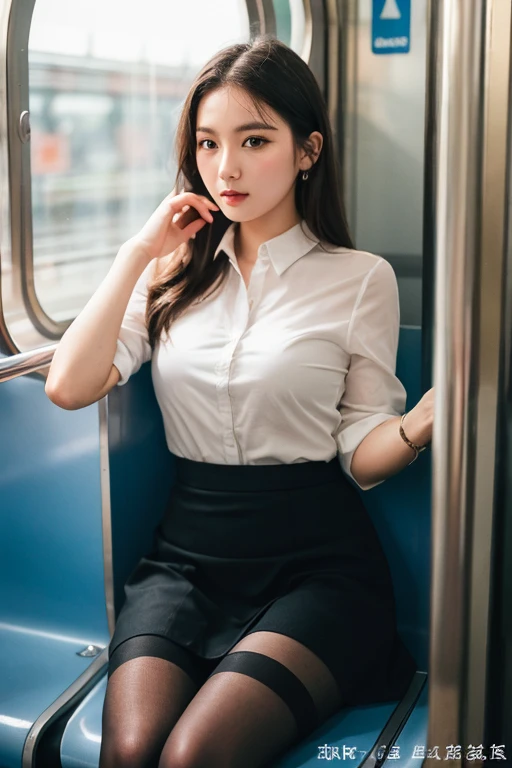 (masterpiece, Highest quality, 8k, RAW Photos, beautifully、beautiful:1.2),  Intricate details, indirect lighting, Realistic,
whole body, Sitting on a chair on the train、Gazing at the audience、Voyeur、lure、mini skirt, (Ultra-realistic pantyhose)、Women&#39;s training , Chair to sit under skirt,