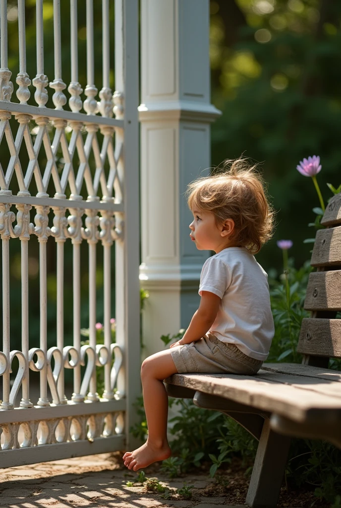 child by the big white gate sitting
sad looking out
shot from the outside of the gate