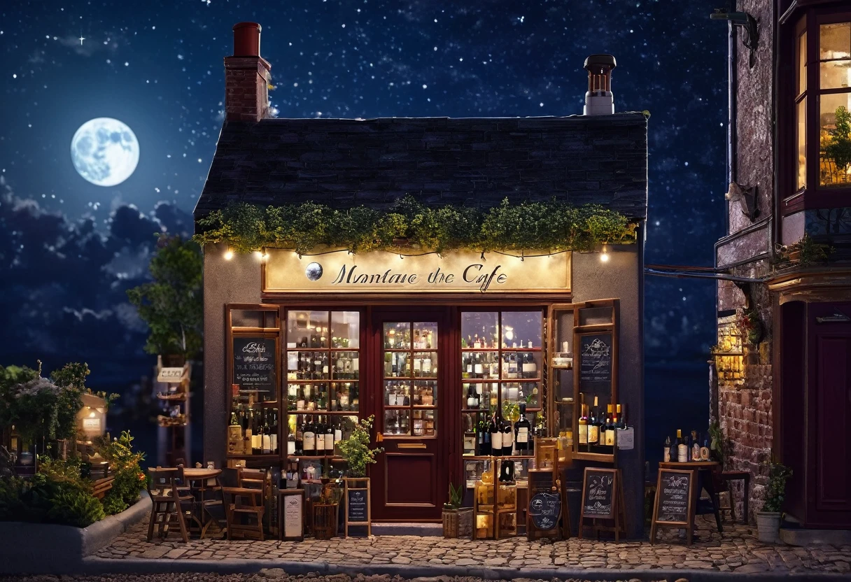 There is a miniature wine shop with the moon as a backdrop, Concept art by Elaine Hamilton, Pixabay Contest Winner, Conceptual Art, Illuminated by the moonlight starry sky environment, Illuminated by the moonlight night dreamy atmosphere, Details Store, ✨🕌🌙, Miniature Cafe Diorama, It&#39;s like a dream, moonshine, moonless night, moonray render, Illuminated by the moonlight backdrop, Illuminated by the moonlight