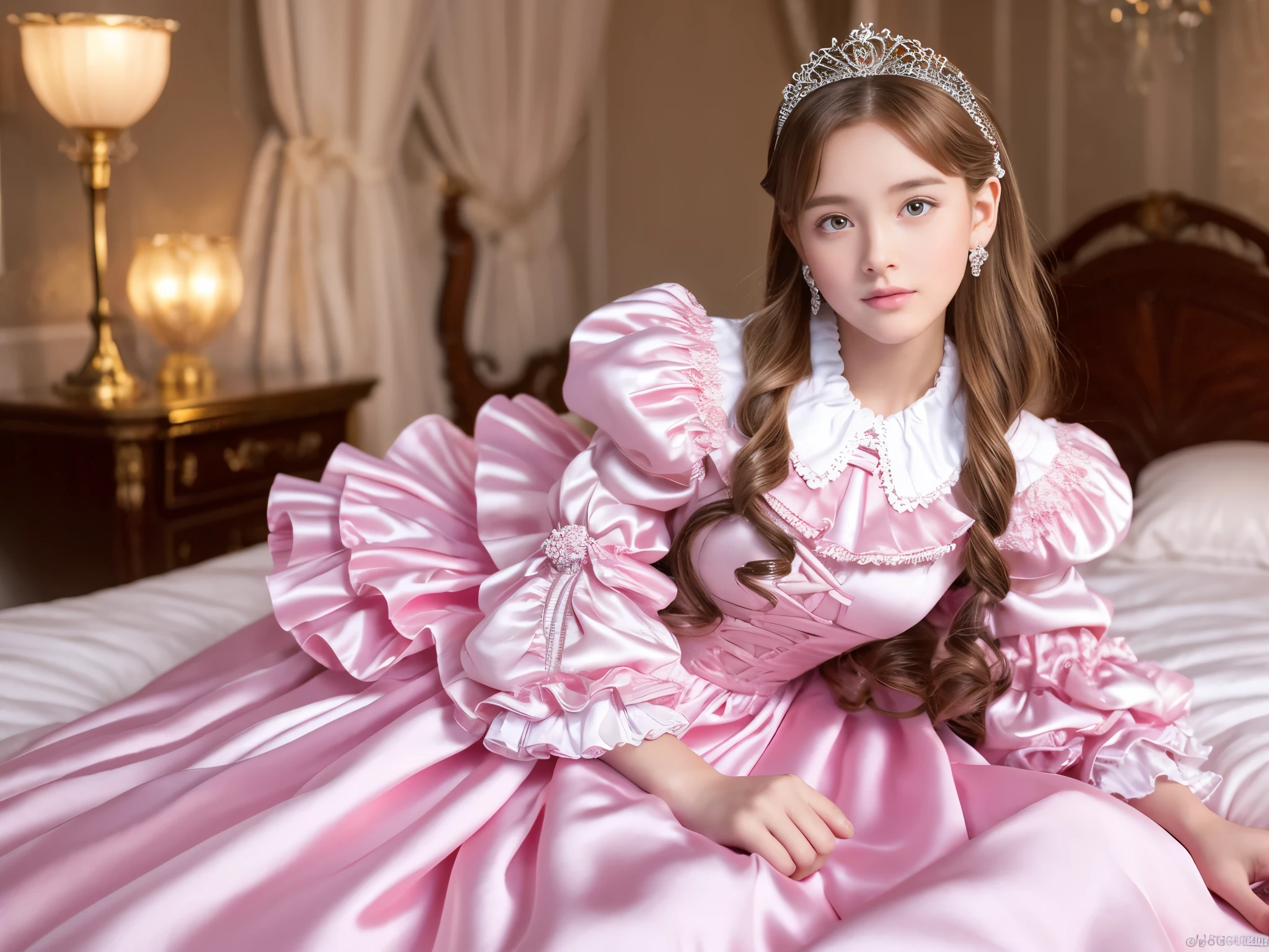 ,highest quality, masterpiece, highest resolution, artwork, super それにget used to it, many get used to it, get used to it, それにget used to it, 3k realistic pictures,,((10 year old little girls)),Ultra-detailed juvenile face,three are princesses,full length ball gown dress with hoop skirt,ruffled yoke collar,puff sleeves,long sleeve,((Lolita style hot pink detailed princess satin dress with lots of ruffles and ribbons)),Rococo style lolita fashion,shiny satin dress,Soft and smooth fabric,luxury,long blonde hair,blue eyes,white skin european,Pajama,((in the bedroom)),luxury princess canopy frilled bed,super detailed bed,lying on the bed,High-quality background,