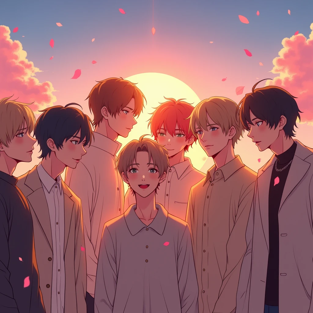 BTS all seven boys in sunset closeup shot in anime version 