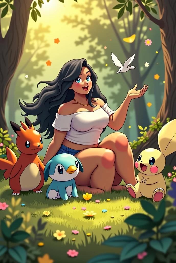 CRIAR UMA ARTE DE ANIVERSÁRIO DE UMA MULHER BRANCA E CABELOS NEGROS, OVERWEIGHT, DO SIGNO DE LEÃO, NA NATUREZA E QUE GOSTA DE POKEMONS COMO SNORLAX BRILHANTE, VOLCARONA BRILHANTE, typhlosion BRILHANTE E BLISSEY, golden hour lighting, highly detailed, cinematic, photorealistic, 4K, HDR, (best quality, 4k, 8k, highres, masterpiece:1.2), ultra-detailed, (realistic, photorealistic, photo-realistic:1.37), beautiful detailed eyes, beautiful detailed lips, extremely detailed eyes and face, long eyelashes, naturalistic, vibrant colors, soft lighting, whimsical, magical realism

