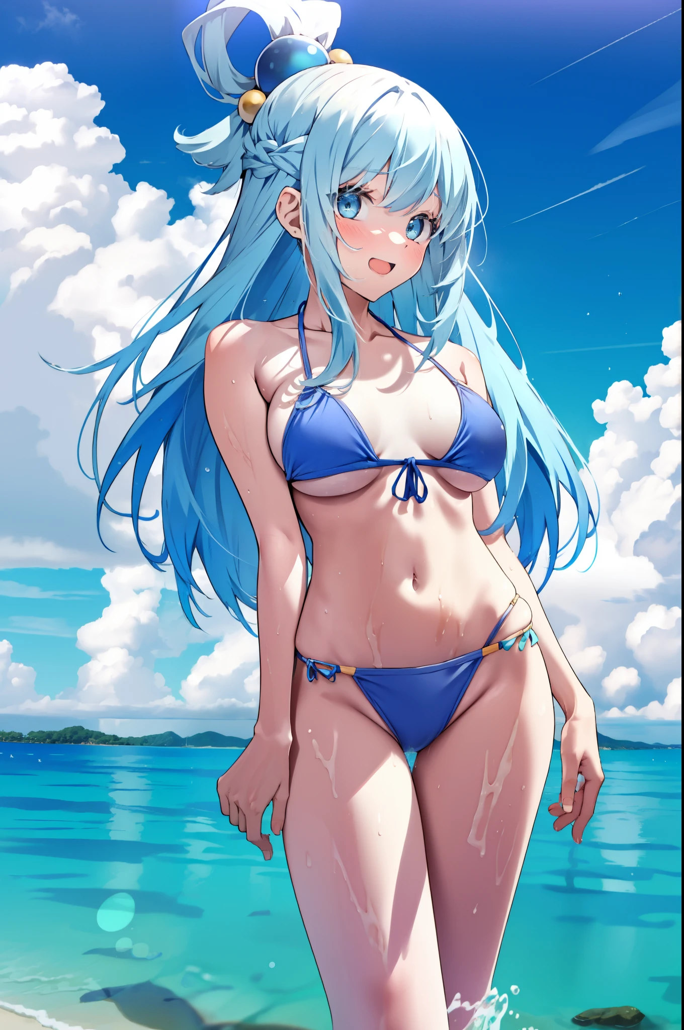 konosubaAqua, Aqua, Long Hair, blue eyes, hair ornaments, very Long Hair, Blue Hair, Hair Ring, シングルHair Ring, Hair ties,Blue string bikini swimsuit,barefoot,Water Play,Wet Hair,Wet swimsuit,Wet Skin,True Summer,Clear skies,Daytime,smile,Open your mouth,whole bodyがイラストに入るように,
break outdoor, Ocean,Beach,
break looking at viewer, whole body,(Cowboy Shot:1.5),
break (masterpiece:1.2), Highest quality, High resolution, unity 8k wallpaper, (figure:0.8), (Beautiful attention to detail:1.6), Highly detailed face, Perfect lighting, Highly detailed CG, (Perfect hands, Perfect Anatomy),
