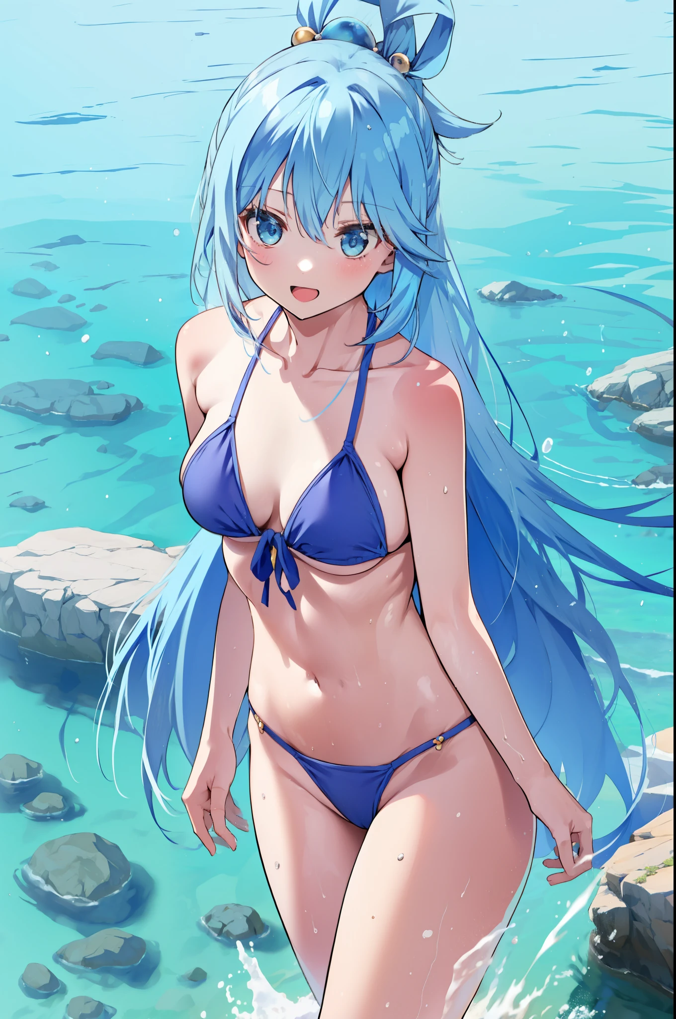 konosubaAqua, Aqua, Long Hair, blue eyes, hair ornaments, very Long Hair, Blue Hair, Hair Ring, シングルHair Ring, Hair ties,Blue string bikini swimsuit,barefoot,Water Play,Wet Hair,Wet swimsuit,Wet Skin,True Summer,Clear skies,Daytime,smile,Open your mouth,whole bodyがイラストに入るように,
break outdoor, Ocean,Beach,
break looking at viewer, whole body,(Cowboy Shot:1.5),
break (masterpiece:1.2), Highest quality, High resolution, unity 8k wallpaper, (figure:0.8), (Beautiful attention to detail:1.6), Highly detailed face, Perfect lighting, Highly detailed CG, (Perfect hands, Perfect Anatomy),