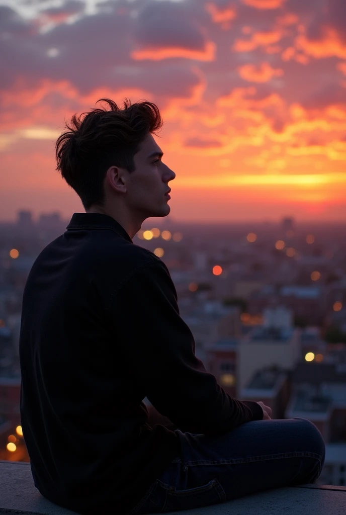 A guy sitting on the rooftop in the evening whit black shirt
