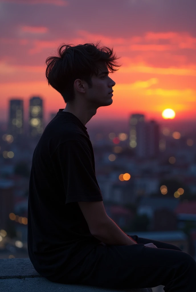 A guy sitting on the rooftop in the evening whit black shirt