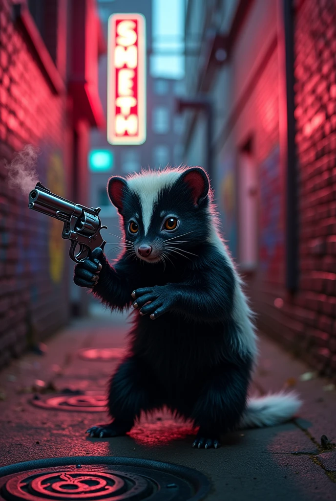 Devil's skunk holding a chrome 357 gun
