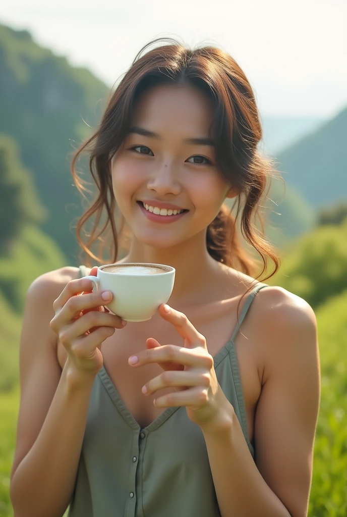 Highest quality, Chest Focus, Soft Light, Ultra-high resolution, (Realistic:1.4), RAW Photos, 1 Japan Girls, alone, cute, (Brown eyes, Light in your eyes), Beautiful face in every detail,(High resolution detail of human skin texture), break, Japanese beauty、Small valley、smile、plateau、stroll、、light makeup、No sleeve、Waking up、Cafe latte
