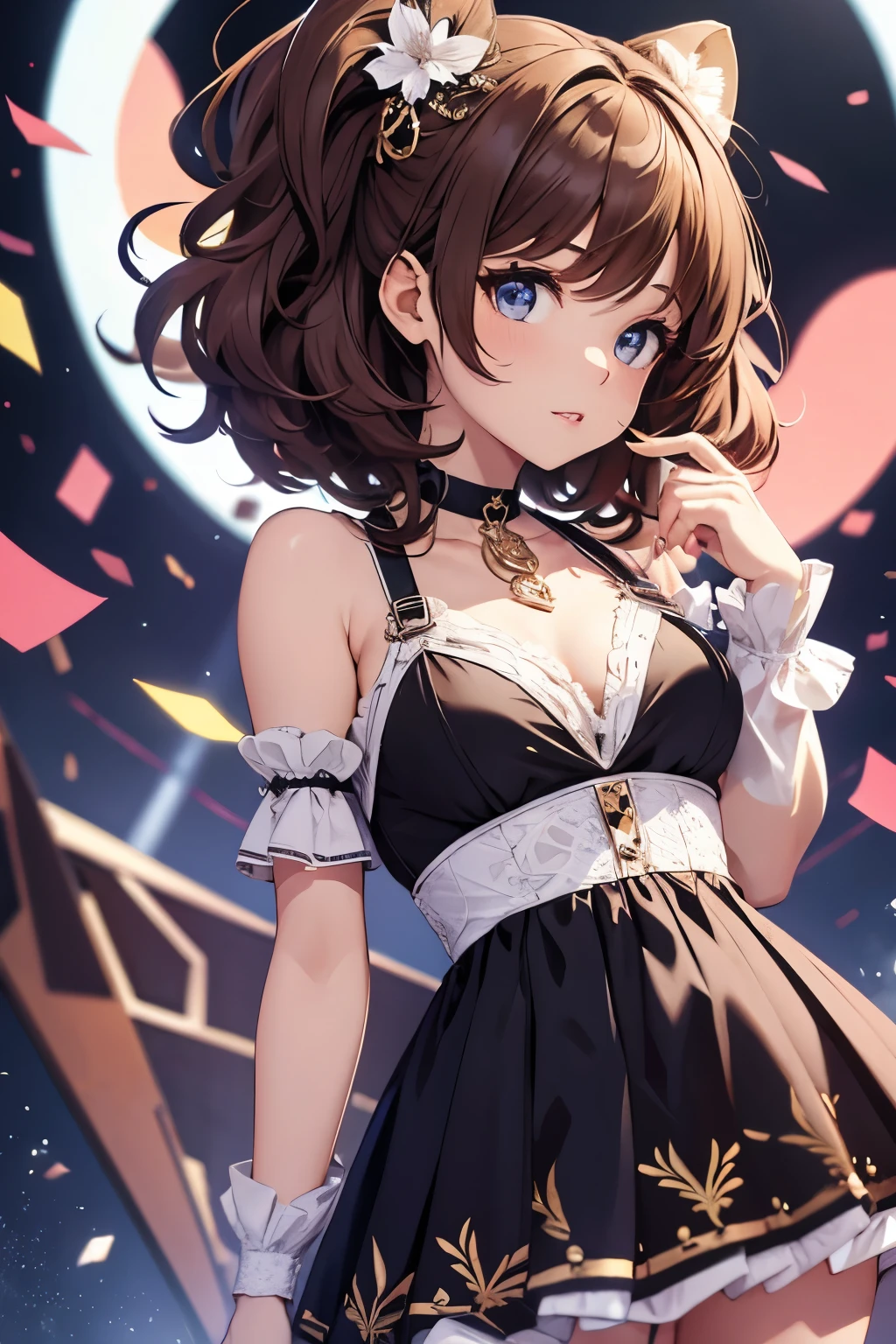 Top quality, highly detailed, UHD, idol, dress  cute and beautiful anthropomorphic koala girl with brown curly bob hair wearing a heart shaped choker on outdoor stage