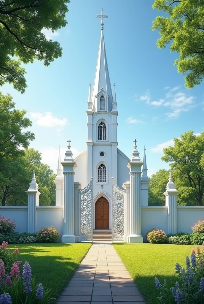 white church with big white closed gate surrounding it