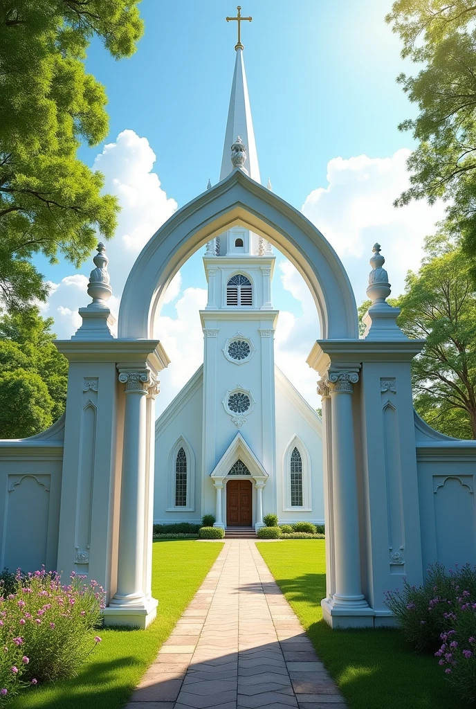 white church with big white closed gate surrounding it