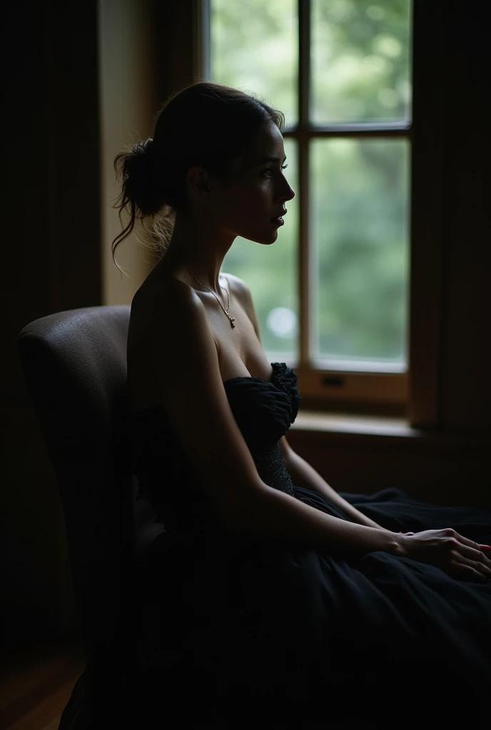 cinematic film, woman seated looking to a window, dark background, quality photo, moist texture, studio photo, slice . shallow depth of field, vignette, highly detailed, high budget, bokeh, cinemascope, moody, epic, gorgeous, film grain, grainy