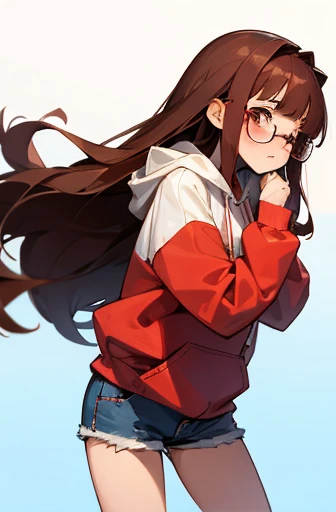 1girl teen, red white blue overside hoodie, long drak brown hair, jean shorts, glasses, shy, blushing