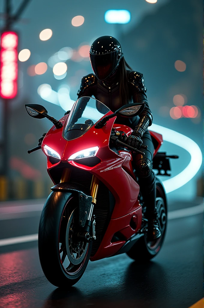 (RAW quality:1.4), masterpiece, highest quality, High resolution, dark_Fantasy, cyber punk, (Sword Weapons,red:1.1),1 person, Japanese women, , mechanical,Robotic presence,Cybernetic Guardian, darkness, Night city background, at night, cyber punk mecha humanoid black and red is riding a futuristic Ducati Panigale V4 race motorcycle on a mountain road at night, Realistic Style, Inspired by Blade Runner, Dark and dramatic lighting, Red and Black Theme, Central curve composition, Rear view. (An ultra-fine masterpiece:1.5), (beautifuly intricate:1.5), (highest quality:1.5), (beautiful + beautiful + Harmonious:1.5), (Highly detailed face, Ultra-detailed eyes, Highly detailed mouth, Super-detailed body, Very fine needles, Very elaborate clothing, Ultra-detailed landscapes:1.5), (Sharpen details:1.2), Blurred Background, Shallow subject depth,