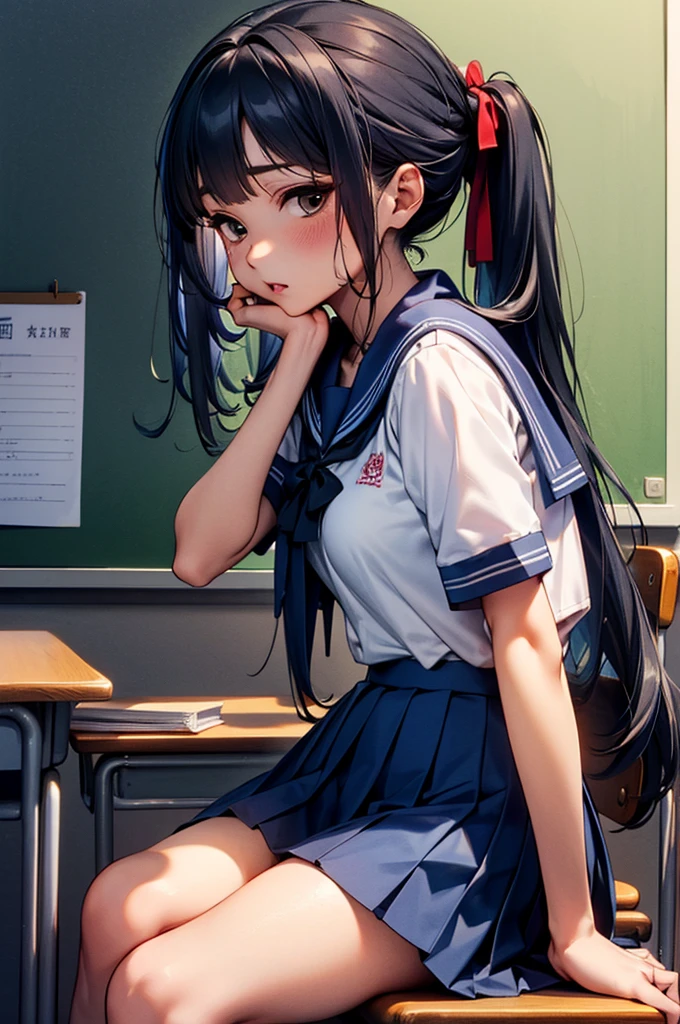 独奏、Portraiture、bust shot、NSFW、Anatomically correct、(Beautiful breasts、Sailor suit summer uniform、Short sleeve white shirt、Crimson Thailand)、(Navy blue micro mini skirt、Dark Blue Micro Mini Pleated Skirt、Beautiful thighs)、(Black long hair、Black straight long hair、White hair band)、high school girl、classroom