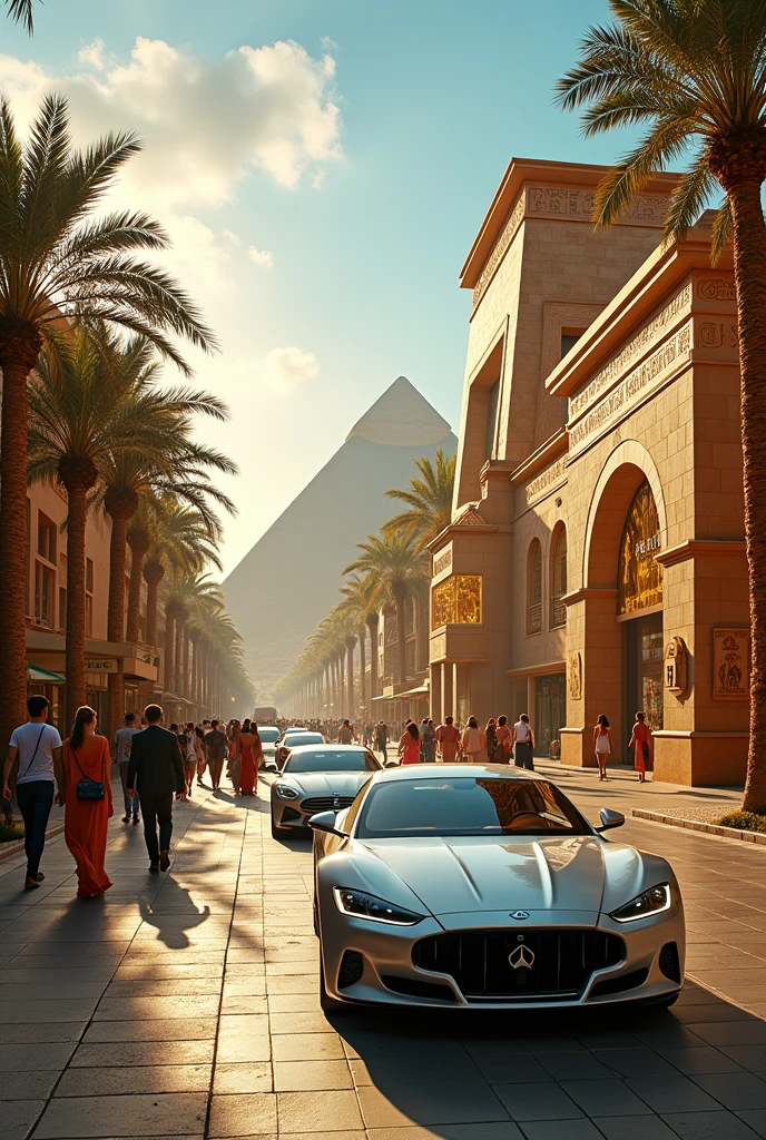 Create a mix of an ancient Egyptian city with modern 21st century features such as luxury shops, luxury cars, people on the street, and the banks of the Nile River.
