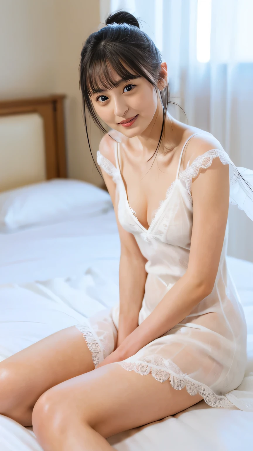 (((masterpiece)))、(((High resolution))、8K、(In detail))、(Highest quality)、Beautiful girls、A beautiful girl with white wings growing on her back:1.5 、笑顔のCute beautiful girl、Very attractive beautiful girl、(White Bikini)、On a bed with white sheets,(((Your smile is cute,)))、((-yeld gi2.0))、Super cute lolita idol、(((Beautiful girl in a revealing white off-the-shoulder dress, Transparent muscle)))、(Slender body and beautiful breasts)、((Well-formed and elegant face:1.5))、(((String Panties)))、(Big Breasts: 1.5)、tits、Little dress、Cute beautiful girl、(((A dress with a random and complex shape that exposes a lot of the bust:1.5)))、Very beautiful beautiful girl、A young and innocent beautiful girl、Big Breastsを強調してる:1.5 、Thighsが付け根まで見える、(Doing the splits:1.5)、sit、(The dress is see-through:1.5)、(Her cleavage is exposed: 1.5)  、A beautiful girl、The dress is off-the-shoulder with a deep slit、The cleavage is exposed、Well-formed face、Thighs、、Thin waist:1.5 、Emphasize cleavage、panties pull out 