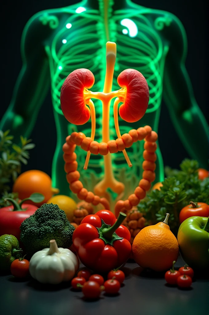 Anatomy of the human Kidney system,
with green lights and brown intestine,
realistic
Background fruits and vegetables minrals and vitamin in real dime light
