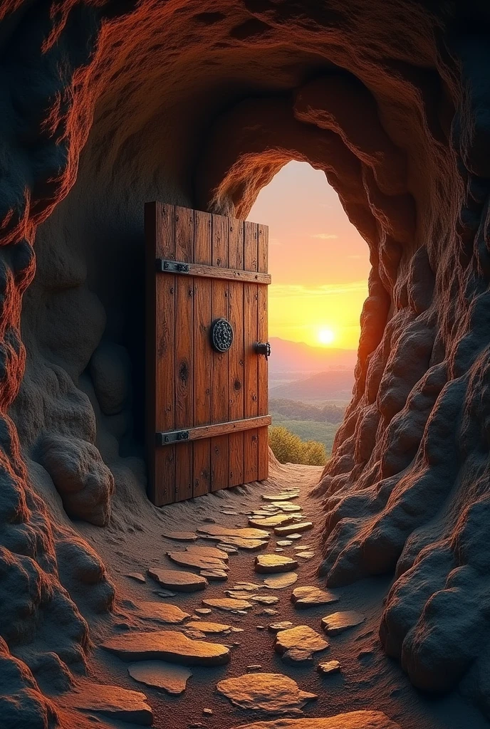Image of a cave with a closed door, the light of the setting sun illuminates the surroundings