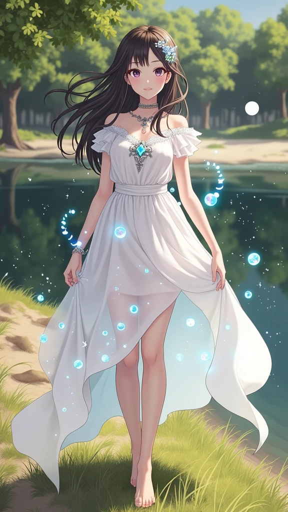 (masterpiece、Highest quality、8k、High resolution)、One female、(Beautiful Face、Beautiful Face)、Beautiful eyes、Beautiful lips、Beautiful nose、Brown-black hair、(The best girl in anime)、Sandy beach with a view of the forest、A bright night with stars visible、full moon、milky way、体whole bodyから神秘的な光の粒子、Colorful light particles、A mysterious light glowing around the head、melt、jewelry、necklace、dress、(whole body)、Highly detailed anime art、A complete portrayal、