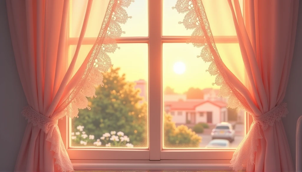 Close-up of the exterior of a curtained bedroom window。The setting is a quiet suburban residential area at dawn.。. Looks like an anime
