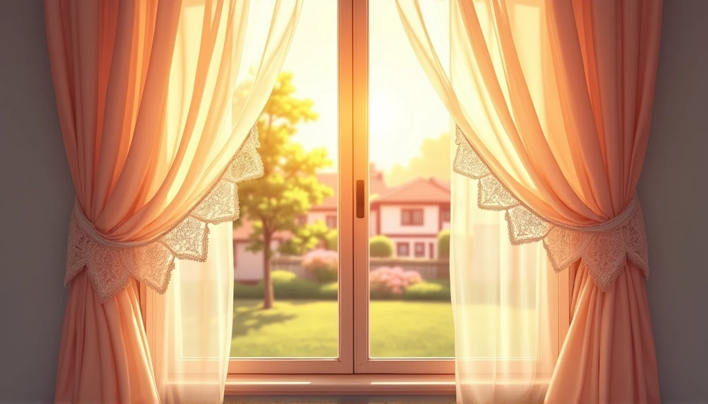 Close-up of the exterior of a curtained bedroom window。The setting is a quiet suburban residential area at dawn.。. Looks like an anime